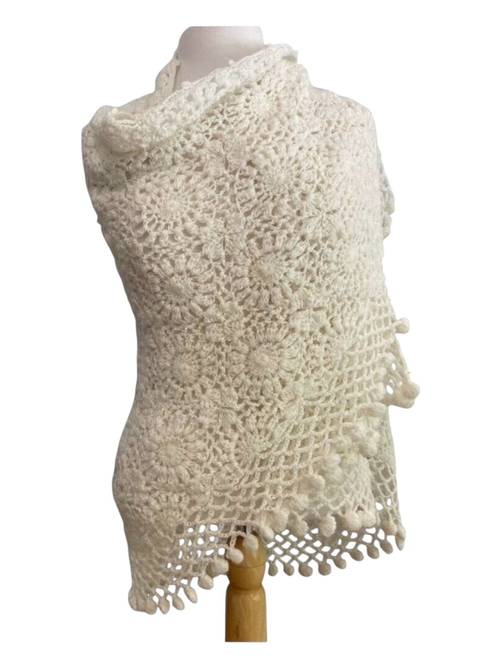 Handmade White Crochet knit Ruana Shawl Wrap With Floral Patterns & Pom-Pom Edge